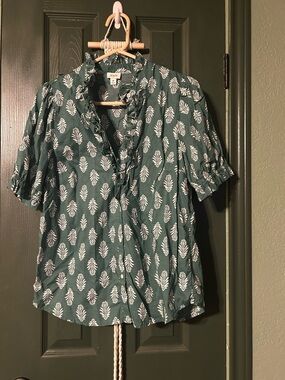 J. Crew Teal Green Floral Ruffle Button-Front Blouse